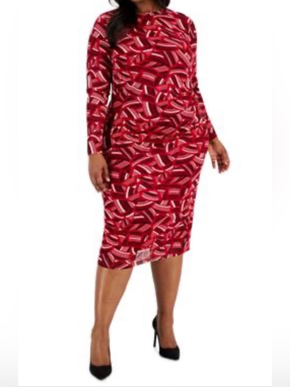 Kasper Plus Size Printed Long-Sleeve Sheath Dress, Crimson, Size 1X, MSRP $109